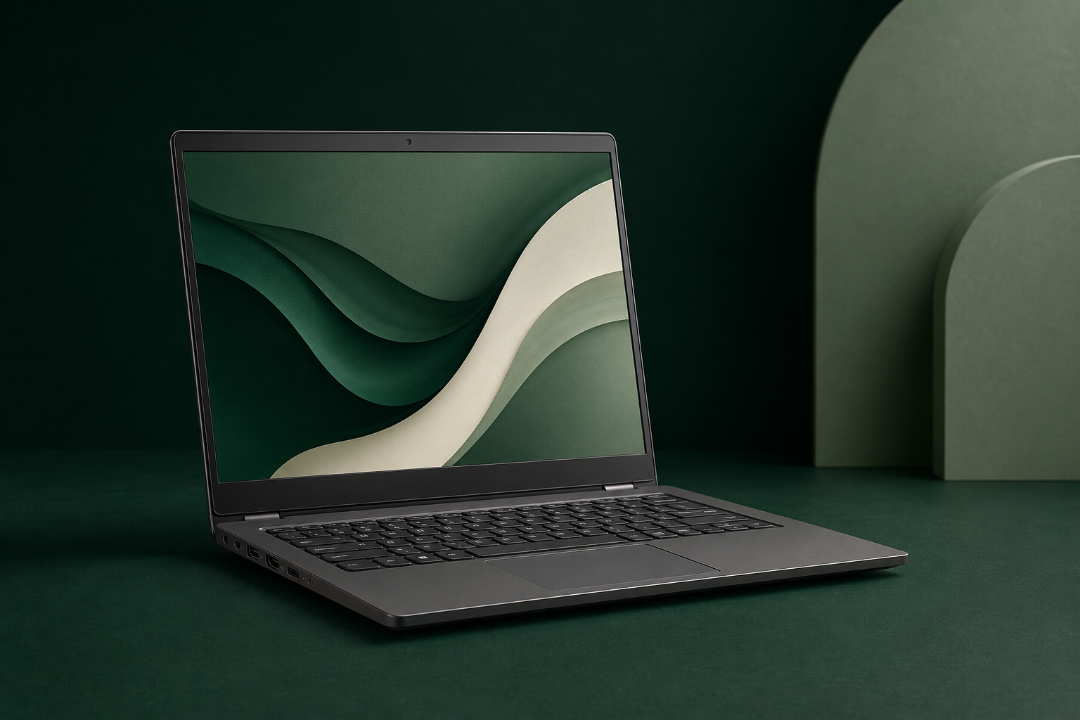 Graphite business laptop on a deep green studio background